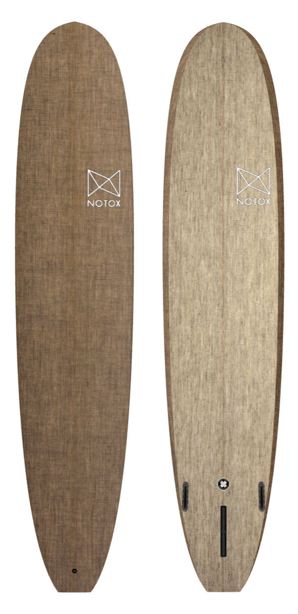 Eco-friendly Notox longboard surfboard in greenone linen, modern noseride model