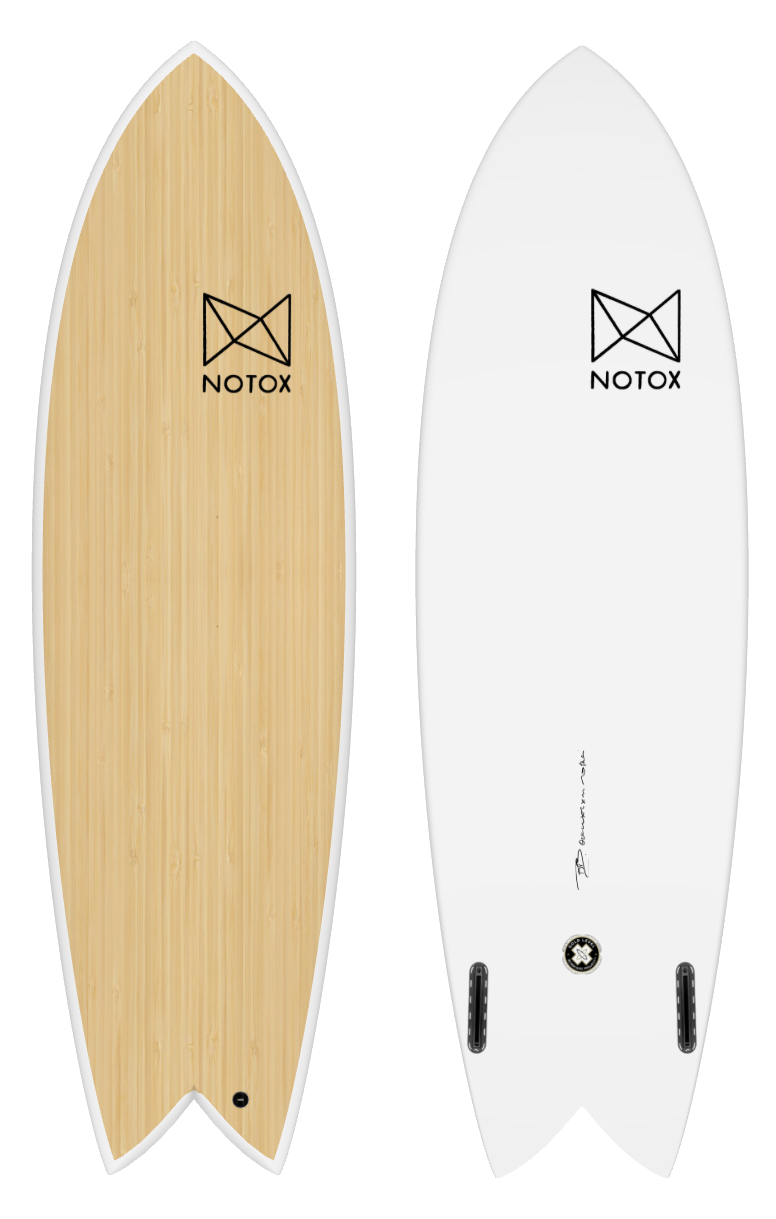 Eco-friendly Notox hybrid surfboard in greenflex bamboo neotwin fish model