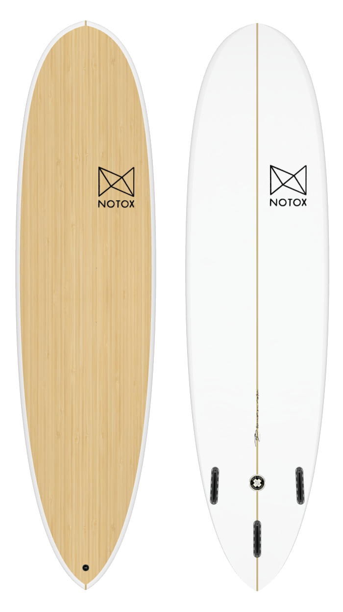 Planche de surf évolutive Notox écologique en bambou greenflex modèle pinegg mini longboard