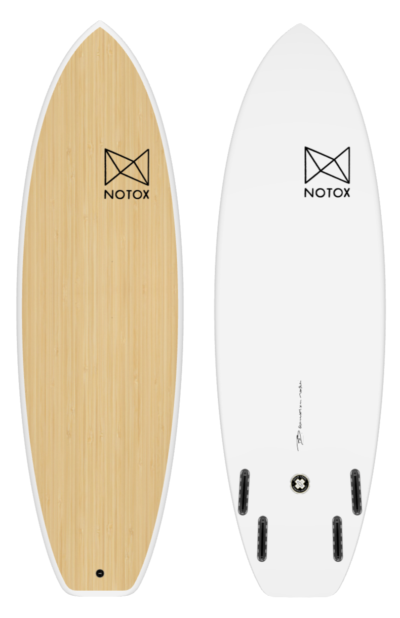 Eco-friendly Notox hybrid surfboard in greenflex bamboo quadfish model