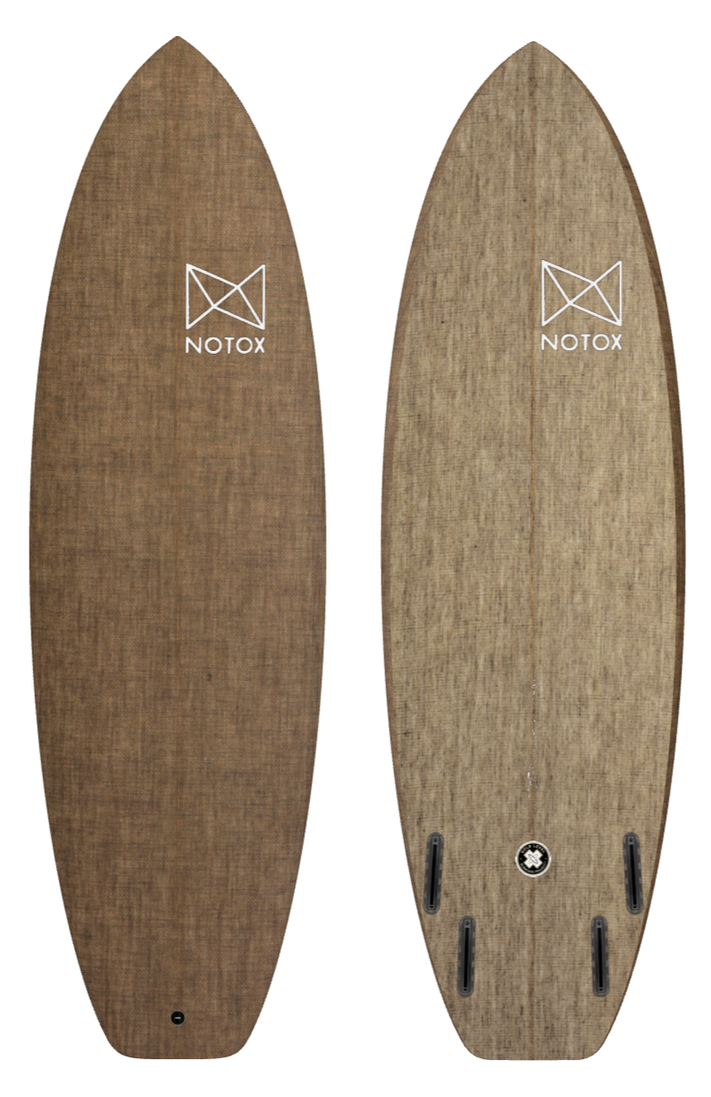 Eco-friendly Notox hybrid surfboard in greenone linen, quadfish model