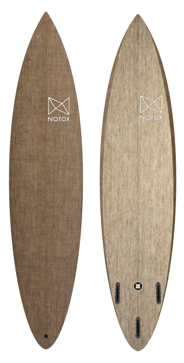 Eco-friendly Notox big wave surfboard in greenone linen, semi gun model